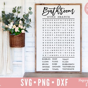 May include: A printable word search puzzle with the word "Bathroom" at the top. The puzzle features a grid of letters with words related to bathrooms hidden within. Below the puzzle is a list of words to find, including "Bubbles", "Soap", "Toilet", "Clean", "Floss", "Flush", "Brush", "Robe", "Bubblebath", "Sponge", "Shower", "Toothbrush", "Water", and "Towel".