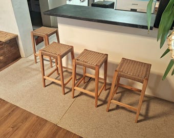 Bar stool with hand-woven cord seat. (Halfbar stool)