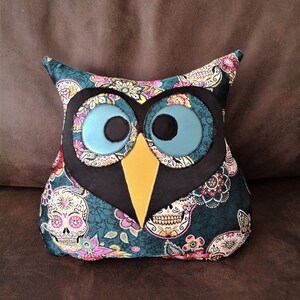 Coussin hibou/chouette, velours bleu canard jacquard, têtes de mort Calavera 画像 4