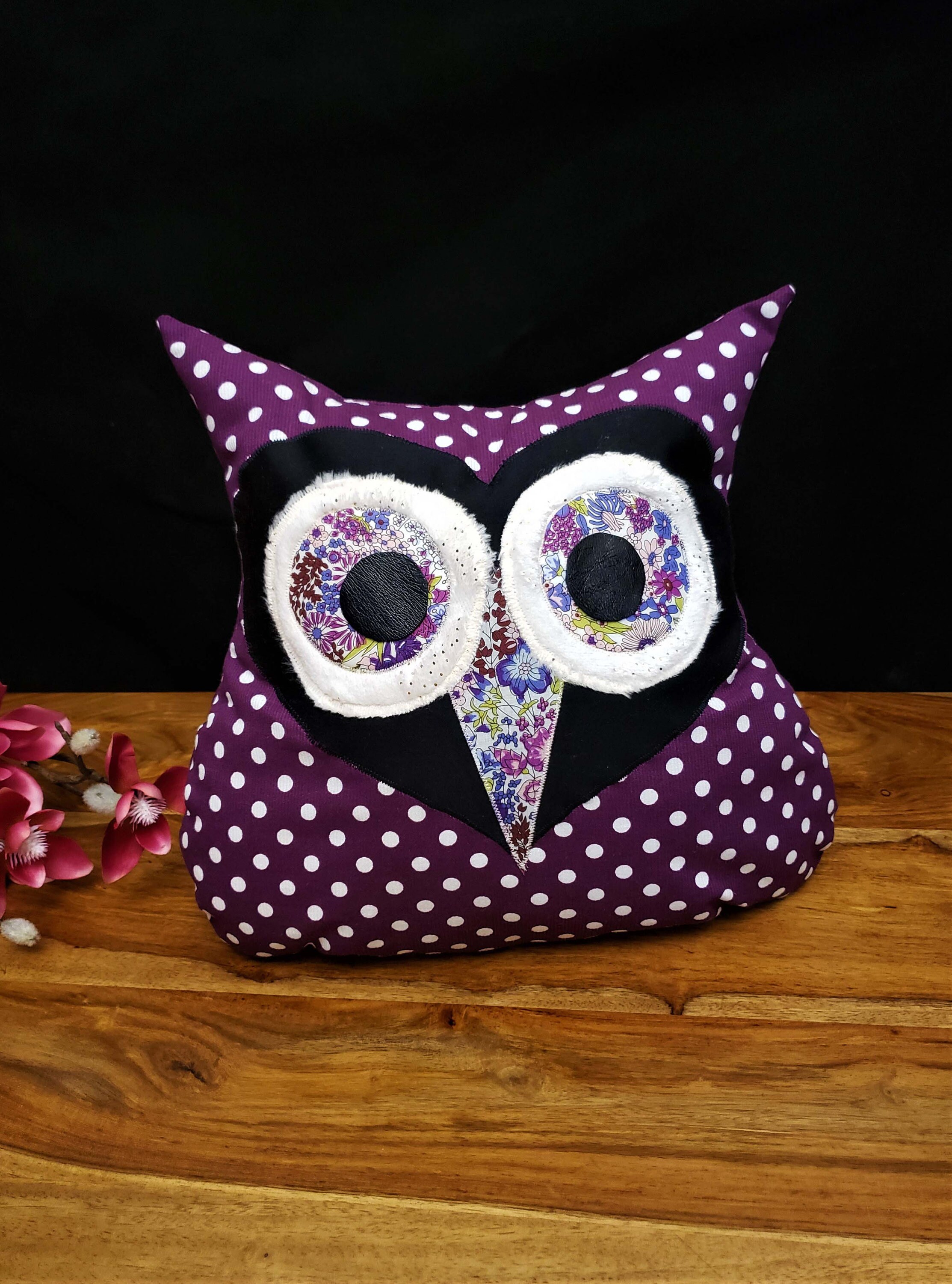 Coussin Hibou/Chouette, Coton Violet à Pois