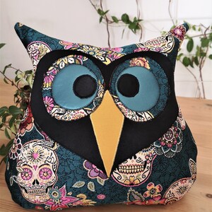 Coussin hibou/chouette, velours bleu canard jacquard, têtes de mort Calavera 画像 5