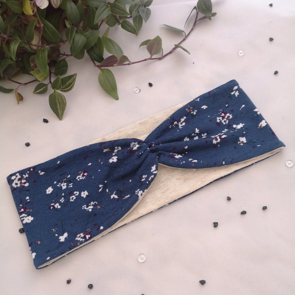 Headband en jersey de coton réversible, fond bleu fleuri/crème paillettes pour adulte/enfant