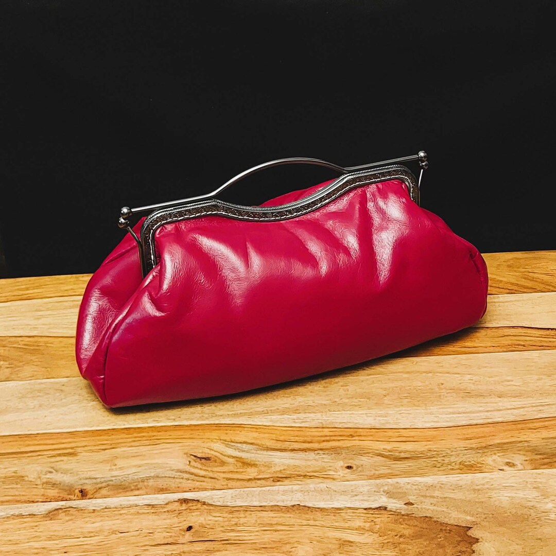Retro Bag in Red Leather, Large Black Clasp, Japanese Asanoha