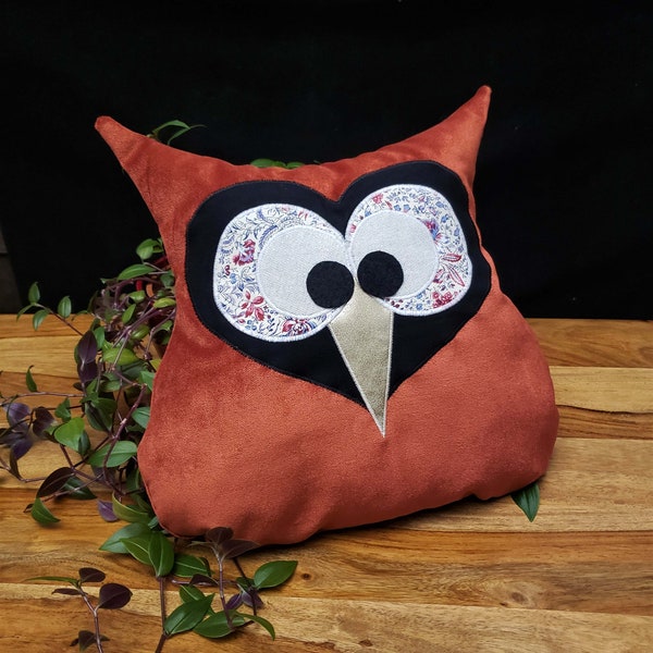 Coussin hibou/chouette, velours couleur ocre