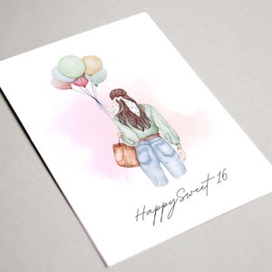 Instant Download Happy Sweet 16 Birthday Card Printable, Sweet Sixteen, For Her, Aesthetic Birthday Card, Teenager Birthday Card, Watercolor