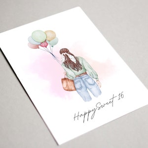 Instant Download Happy Sweet 16 verjaardagskaart afdrukbaar, Sweet Sixteen, voor haar, esthetische verjaardagskaart, tiener verjaardagskaart, aquarel