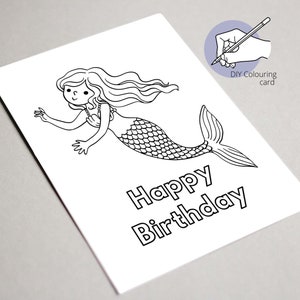 Carte de coloriage joyeux anniversaire imprimable, carte d'anniversaire sirène - carte d'anniversaire pour enfants - anniversaire coloriez votre propre carte - impression et couleur bricolage