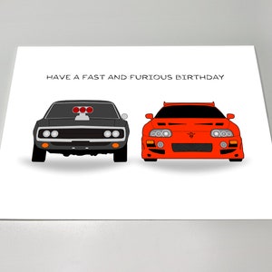 Tarjeta imprimible rápida y furiosa, tener un cumpleaños rápido y furioso, cargador de esquivar, tarjeta del día de cumpleaños de toyota supra, tarjeta de amante del coche