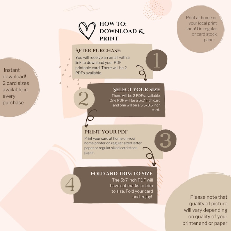 Puede incluir: Una gu&iacute;a ilustrada rosa y marr&oacute;n con instrucciones sobre c&oacute;mo descargar e imprimir una tarjeta imprimible. La gu&iacute;a incluye cuatro pasos: 1. Despu&eacute;s de la compra, 2. Selecciona tu tama&ntilde;o, 3. Imprime tu PDF y 4. Dobla y recorta al tama&ntilde;o. La gu&iacute;a tambi&eacute;n incluye el texto "&iexcl;Descarga instant&aacute;nea! 2 tama&ntilde;os de tarjetas disponibles en cada compra".
