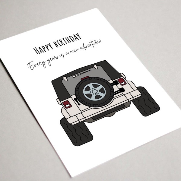 Jeep Printable Card, Jeep Happy Birthday, every year a new adventure, Jeep Wrangler, jeep lover Birthday Card, Car Lover Card