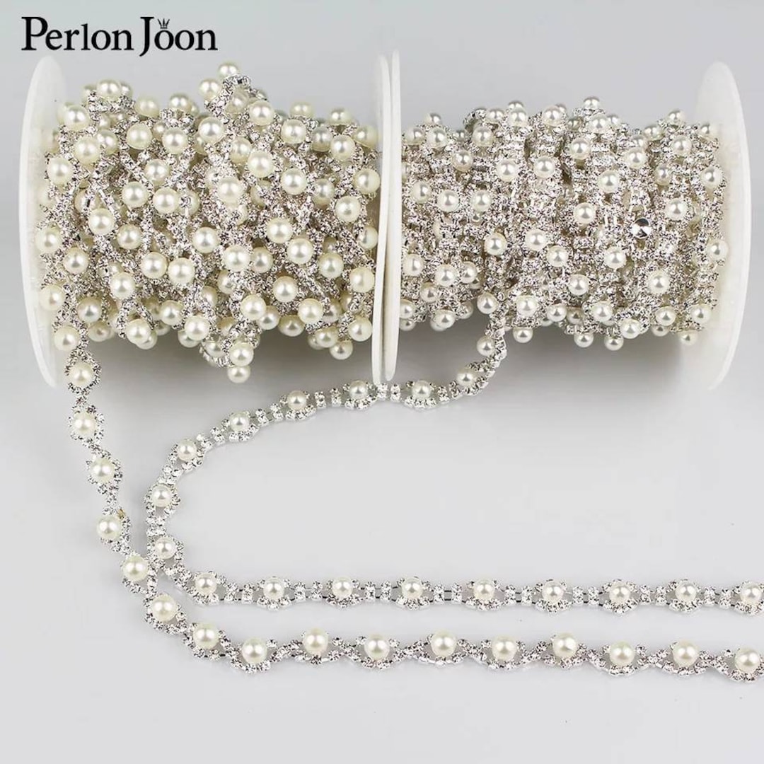 Pearl Rhinestone Trim 1-5 YARDS Diamante APPLIQUE Wedding Silver Sew on ...
