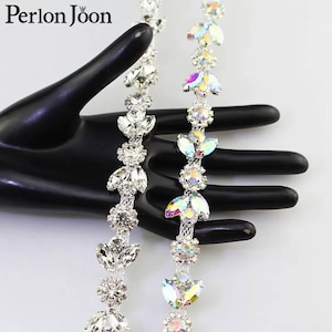 Leaf flower rhinestone 1-5 YARDS sash applique wedding dress sew on Trim Sparkling Gold AB belt waistline Silver Bridal gown Embellishment