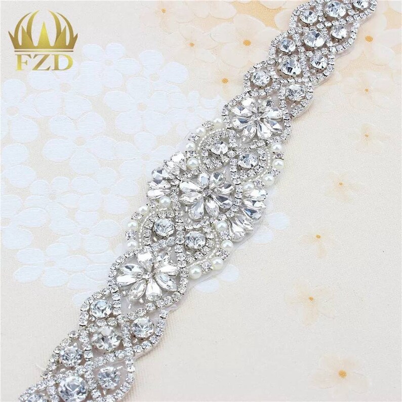 Bridal Wedding Sash gold or silver Hotfix or Sewing APPLIQUE rhinestone diamante dress gown trim Sew Glue beaded garment crystal accessories