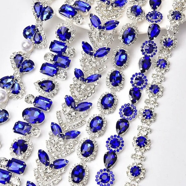 Royal blue ocean rhinestone trim sash waistline belt circle rectangle flower leaf butterfly glass APPLIQUE dress gown hair decoration