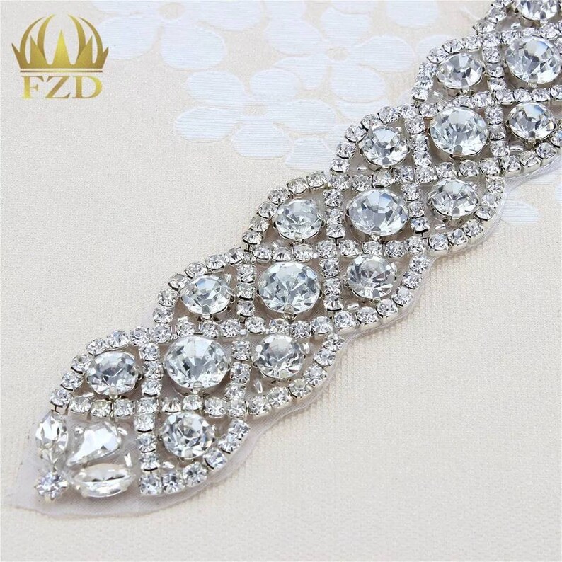 Bridal Wedding Sash gold or silver Hotfix or Sewing APPLIQUE rhinestone diamante dress gown trim Sew Glue beaded garment crystal accessories