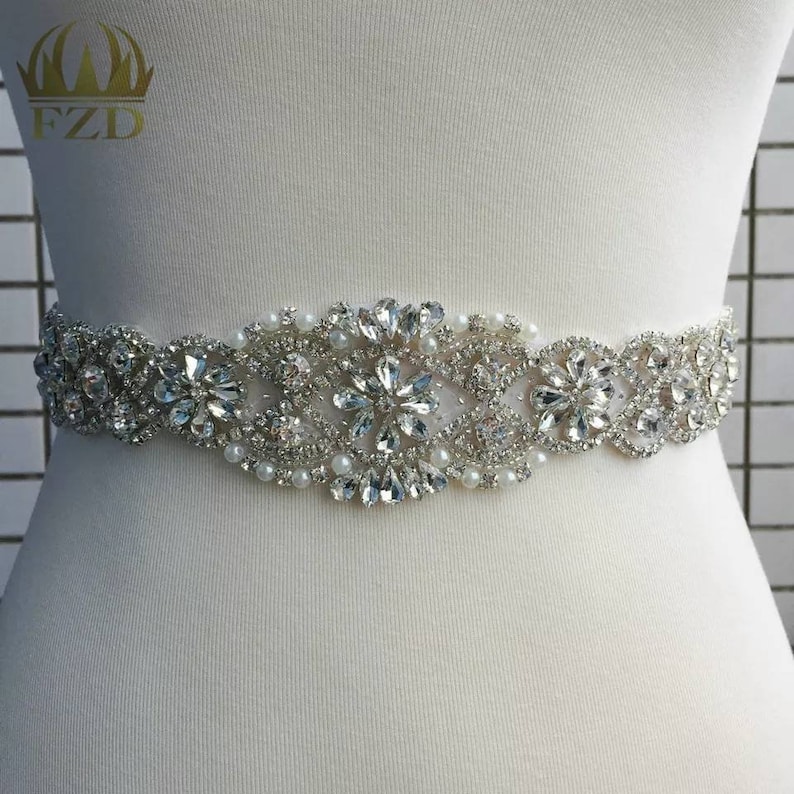 Bridal Wedding Sash gold or silver Hotfix or Sewing APPLIQUE rhinestone diamante dress gown trim Sew Glue beaded garment crystal accessories