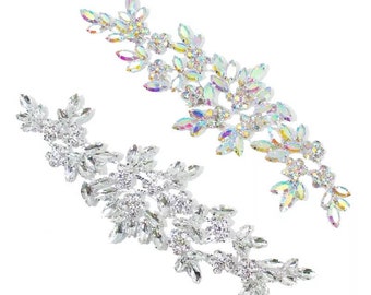 Flower Leaf sash trim AB design round rhinestone sparkling APPLIQUE diamante Wedding Sew on Bridal Prom dance costume dress hair decoration
