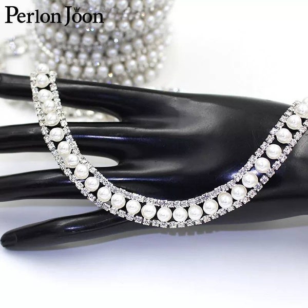 Pearl row rhinestone 1-5 YARDS applique trim Wedding Bridal belt diamante simple classic Prom dress waistline neckline decoration sew on