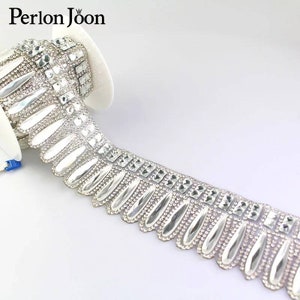 HOT FIX TASSEL drop silver Rhinestone Applique Trim Tassle sash edge edging Diamante belt waistline Dance dress garment Embellishment