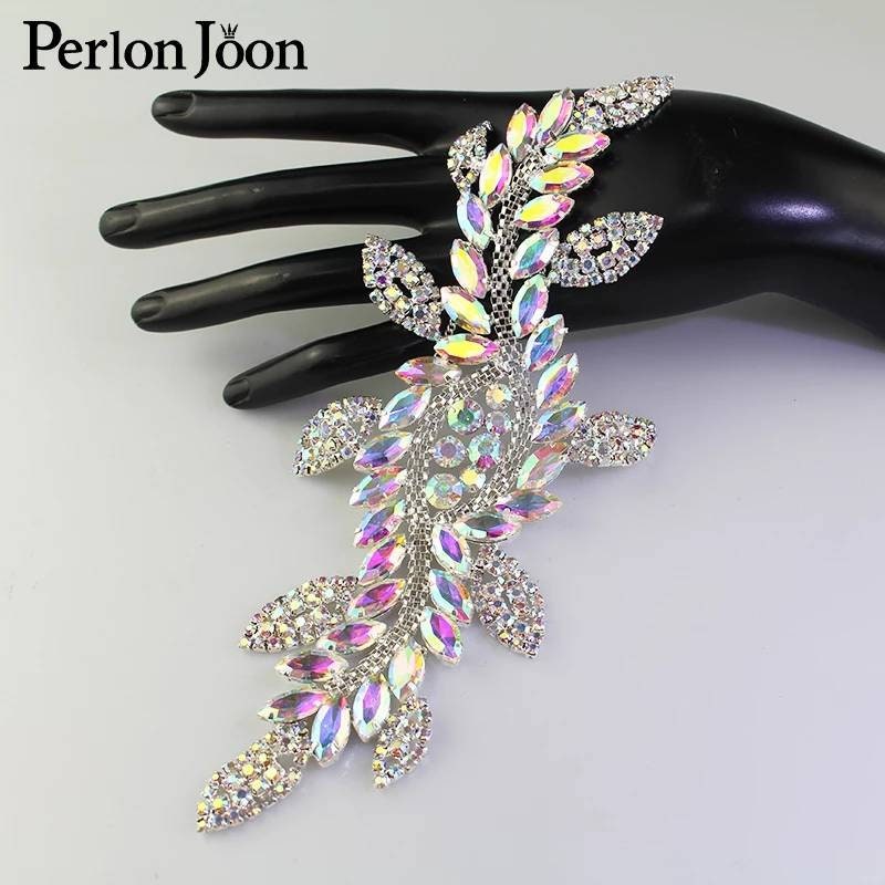 AB Silver Gold Prom Bridal HAIR rhinestone leaf APPLIQUE decoration diamante sew on blet waistline Trim Wedding dance dress Embellishment
