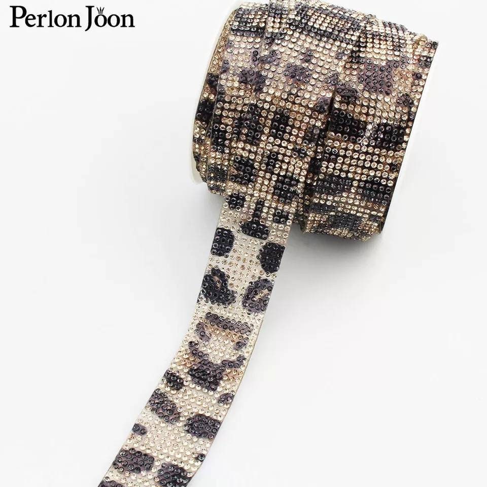 Hot fix Leopard print 1-5 YARDS trim RHINESTONE animal pattern edge edging gold black Sash Applique iron on glue Dance dress Embellishment