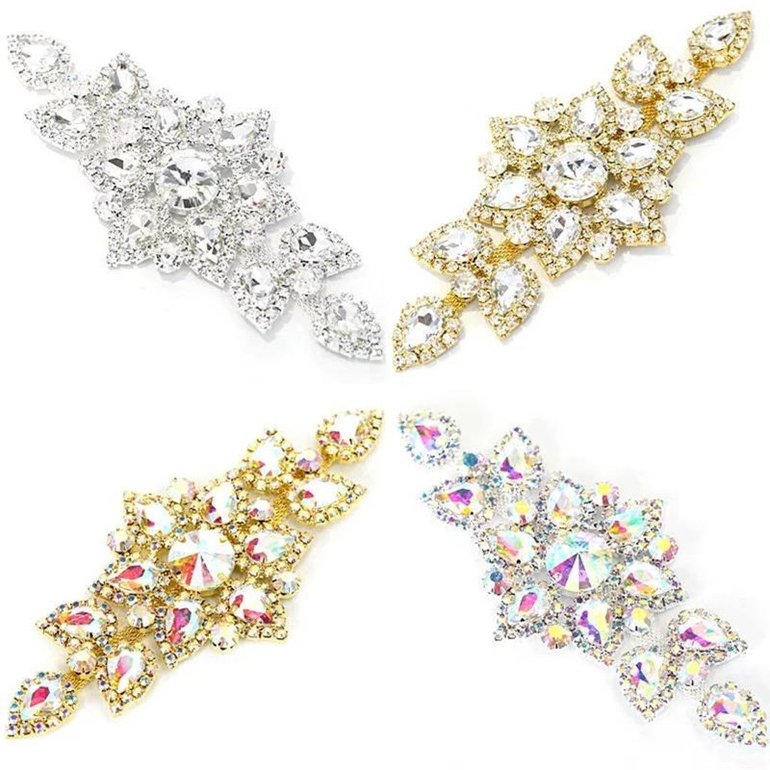 Rhinestone Flower APPLIQUE Trim Wedding Sash Hair Silver Gold AB Sew on