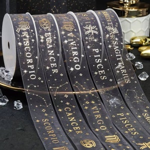 Sternzeichen Sternzeichen Band astrologische Schwarz Organza Gold Folie Druck bedruckt Geschenkverpackung Verpackung Haarschleife Geschenk Verpackung Basteln