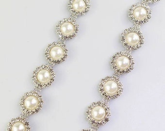 Pearl rhinestone trim 1-5 YARDS diamante APPLIQUE Wedding Silver Sew on sewing chain  Bridal Prom dance costume dress garment decoration