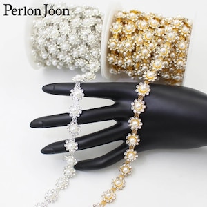 Fiore di perla margherita 1-5 YARDS forma strass Cintura da sposa fascia sottile finiture semplici classiche catena APPLIQUE Cucire su indumento costume