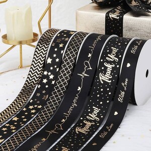 Cinta de raso negra Te amo con amor Gracias Chevron Trébol Estrellas Estampado de papel dorado Envoltura de regalos para el día de San Valentín Embalaje de regalos Manualidad