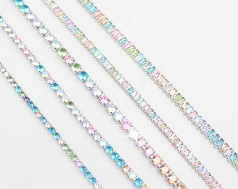 Pastel multicolour rhinestone 1-5 YARDS pinks and blues colourful Trim Sparkling APPLIQUE rectangle circle sash belt waistline Embellishment