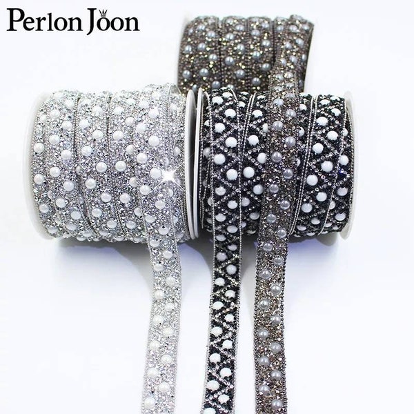 Pearl hot fix 1-5 YARDS RHINESTONE trim Noir gris blanc ceinture ceinture artisanat bordure Diamante Applique fer sur robe Vêtement Embellissement