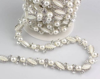 Perle en strass mariage mariée 1 mètre ceinture bordure riz en forme de strass APPLIQUÉ argent à coudre sur chaîne bal de fin d'année costume de danse robe vêtement