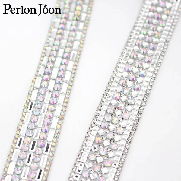 Hot Fix ab 1-5 YARDS rhinestone glass trim silver edge edging Simple sash WEDDING Applique iron on crafts dress garment Embellishment