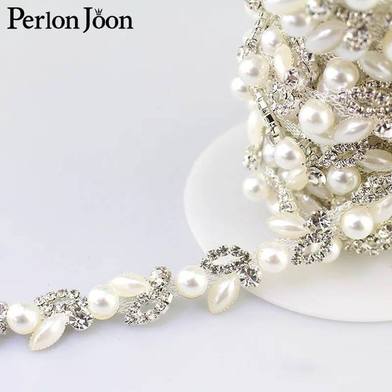 1 Yard Silver Pearl Beaded Trim Bridal Pearl Trim Sew on Wedding Applique  Belt Headband Accessories