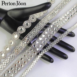 HOT FIX glass 1-5 YARDS rhinestone silver iron on belt edge edging Trim Diamante Simple sash wedding Applique costume garment Embellishment