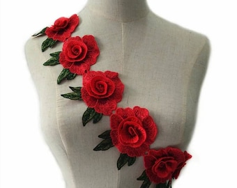 FIORE FINITURE floreali Rosa ricamata in pizzo rosso rosa Nastro grazioso Fascia APPLIQUE Cuci cucito costume da ballo vestito decorazione per capelli abbellimento