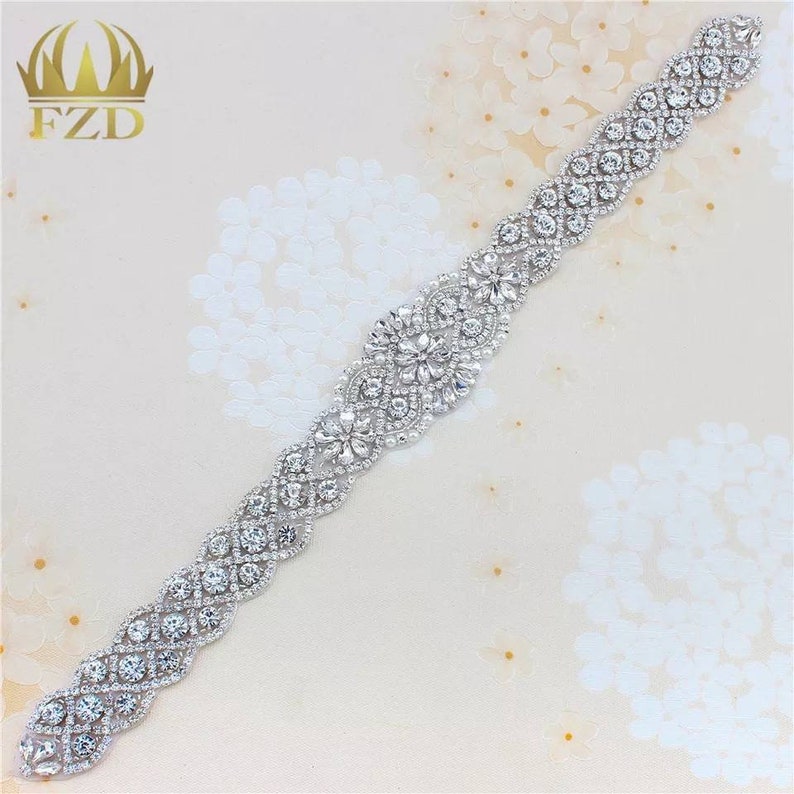 Bridal Wedding Sash gold or silver Hotfix or Sewing APPLIQUE rhinestone diamante dress gown trim Sew Glue beaded garment crystal accessories