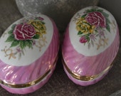 Pair Of Vintage Pink Porcelain Eggs, Pink Porcelain Trinket box, Jewelry Box, Trinket Dish Pink And Yellow Rose Decor, Lustreware Egg,