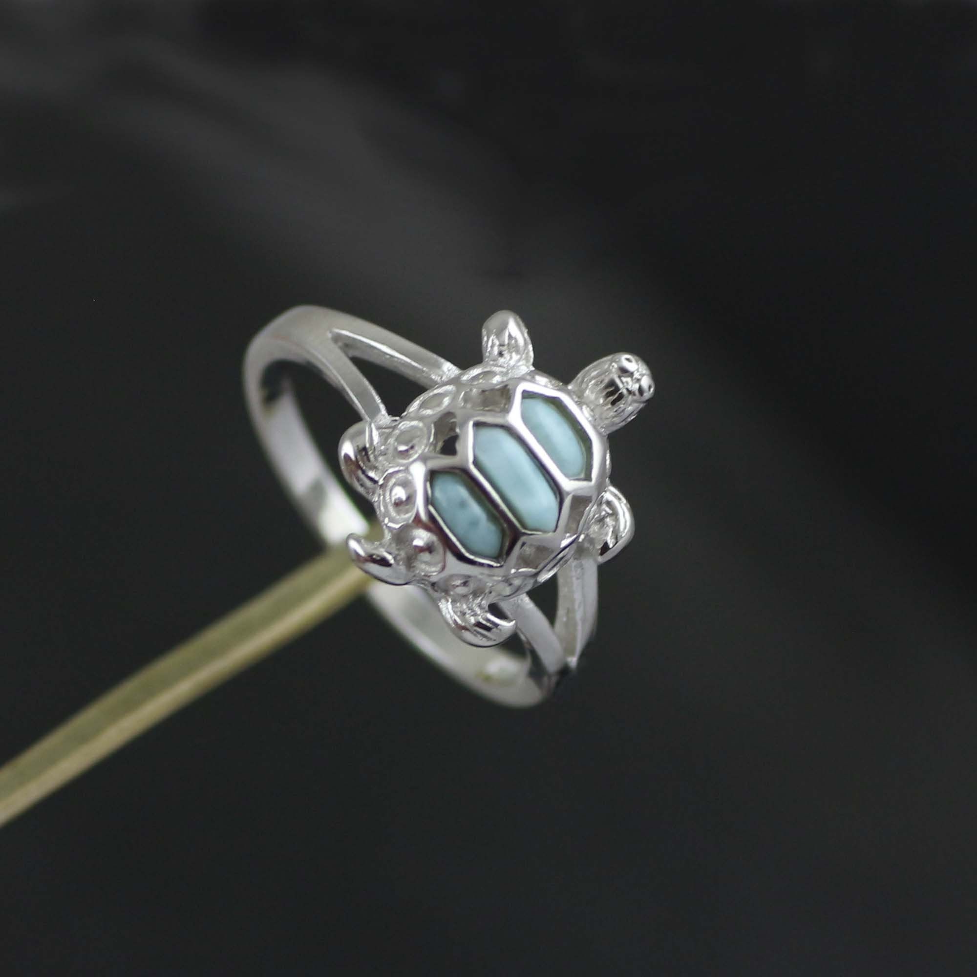 925 Sterling Silver Turtles Ring Natural Larimar gemstone Etsy
