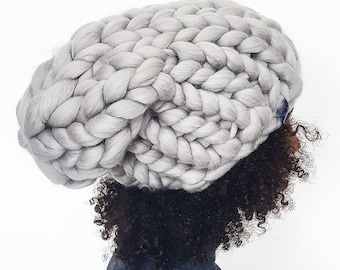 Gray slouchy beanie, Gray chunky wool beanie, Gray oversized beanie, Hand knit wool beanie, Gray chunky knit beanie, Gray chunky knit hat
