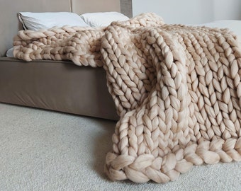 Beige Chunky Knit Blanket Beige Chunky Knit Throw Giant Knit Blanket Brown Merino Wool Blanket Beige Blanket Earth Wool Blanket Etsy