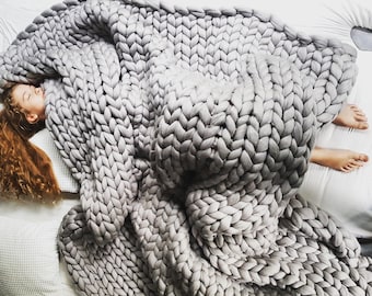 Gray Chunky Knit Blanket, Gray Chunky Knit Throw, Giant Knit Blanket, Wool Blanket, Wedding Gift Bedding