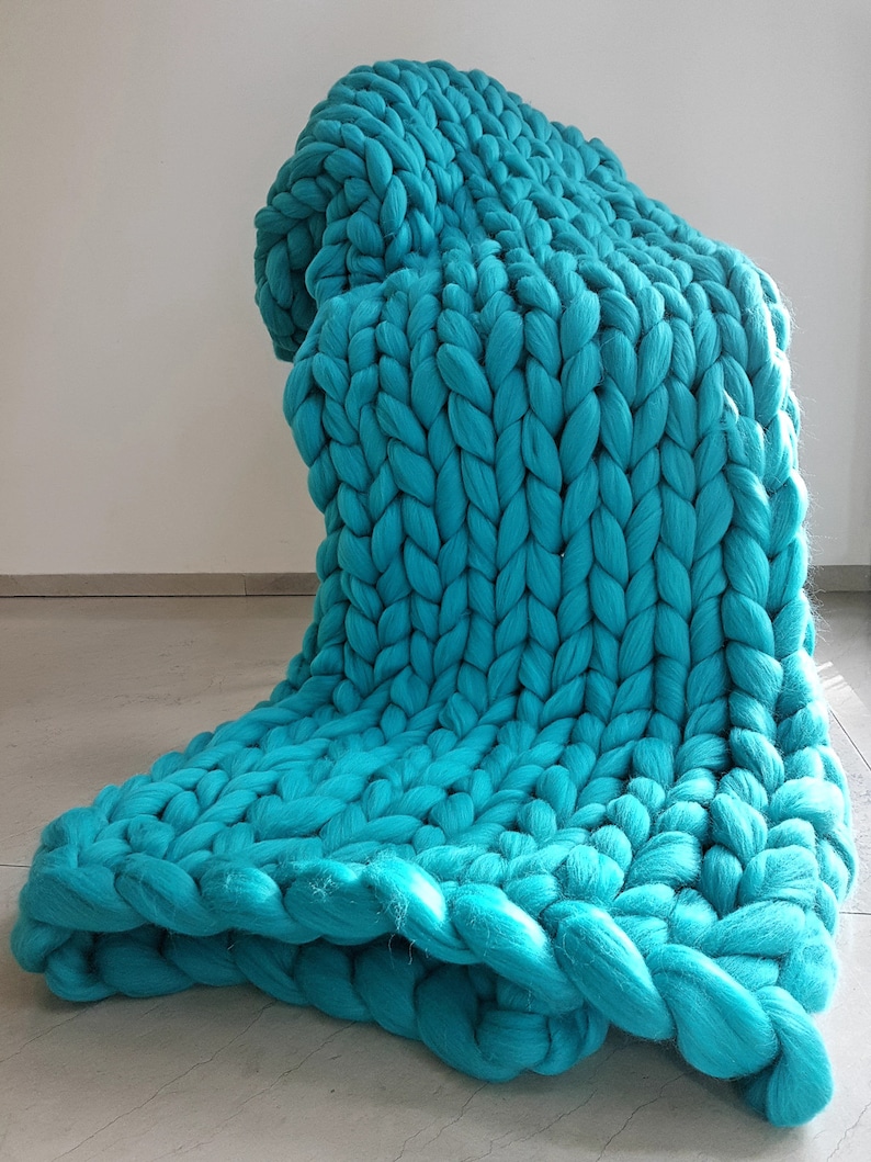 Turquoise Chunky Knit Blanket, Turquoise Super Chunky Knit Throw, Giant