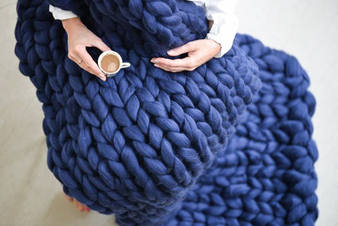 Navy Blue Knit Blanket, Navy Blue Blanket, Navy Blue Merino Wool