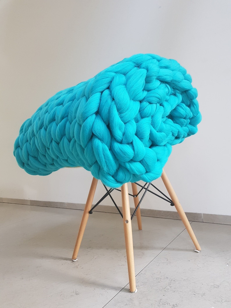 Turquoise Chunky Knit Blanket, Turquoise Super Chunky Knit Throw, Giant