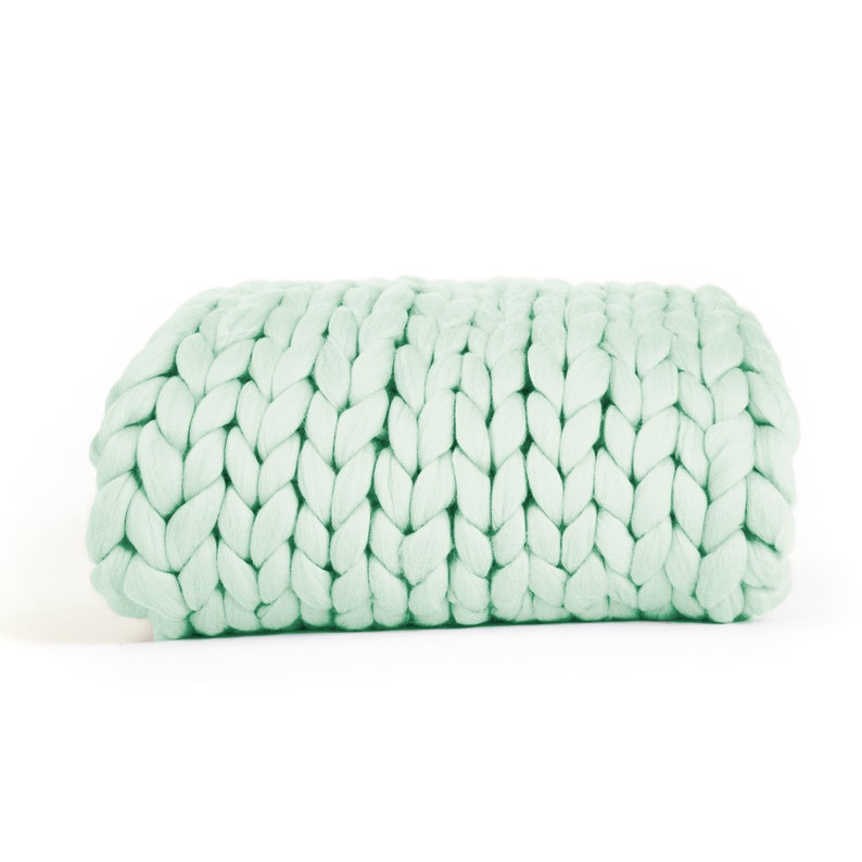 Mint Chunky Knit Throw, Mint Chunky Knit Blanket, Mint Wool Blanket