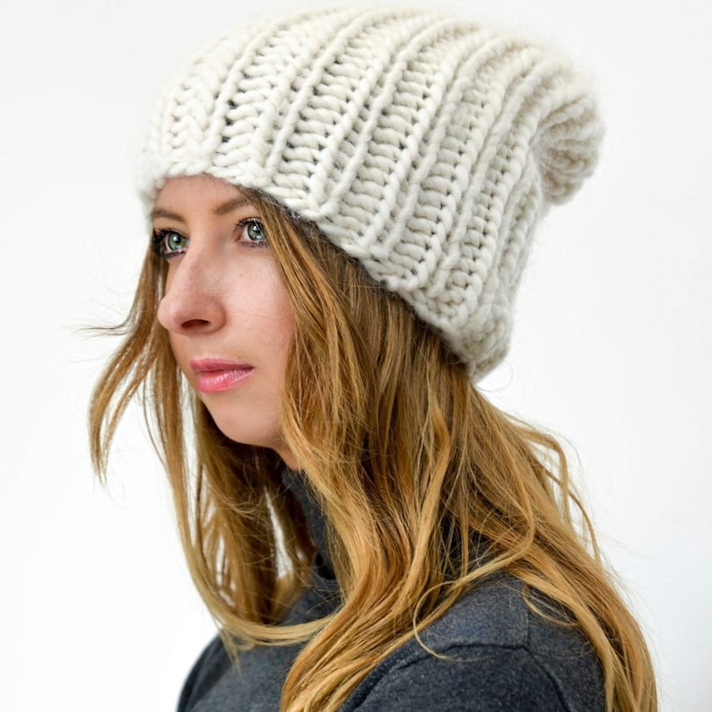 White slouchy chunky knit beanie White wool beanie White woman winter hat White alpaca beanie hand knit wool beanie Fluffy knit beanie
