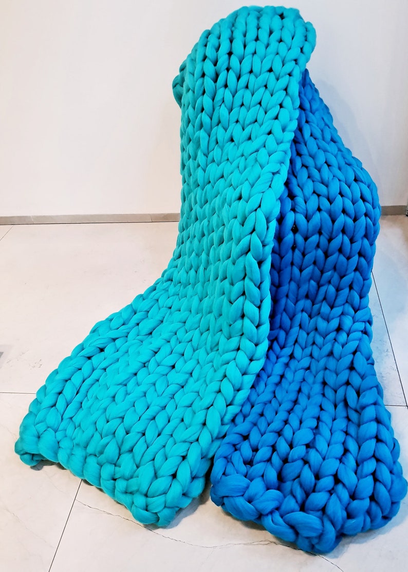 Turquoise Chunky Knit Blanket, Turquoise Super Chunky Knit Throw, Giant