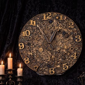 Könnte beinhalten: Eine große, runde Uhr im Steampunk-Stil. Das Zifferblatt ist mit Knöpfen und Zahnrädern in Bronzefarbe bedeckt. Goldene Ziffern markieren die Stunden. Die Zeiger sind aus dunklem Metall. Eine schwarze Katze ist im Vordergrund.